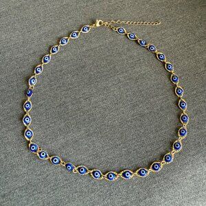 Evil Eye Blue & Gold Necklace 15-17" Adjustable Chain Turkish Style Jewelry